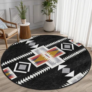 Aztec Pattern Black Round Living Room Rug