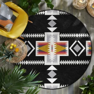 Aztec Pattern Black Round Living Room Rug