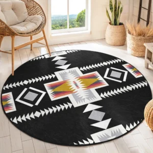 Aztec Pattern Black Round Living Room Rug