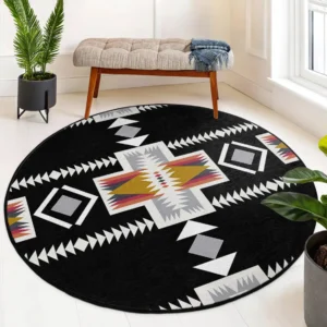 Aztec Pattern Black Round Living Room Rug