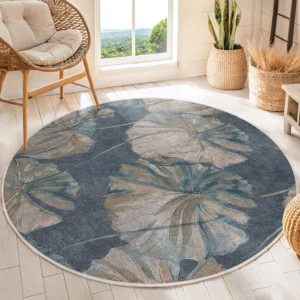 Blue Leafy Floral Round Living Room Rug
