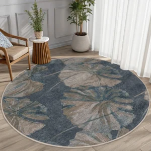 Blue Leafy Floral Round Living Room Rug