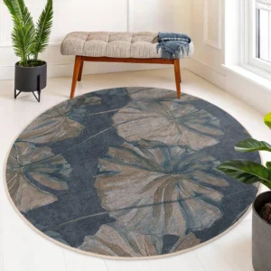 Blue Leafy Floral Round Living Room Rug