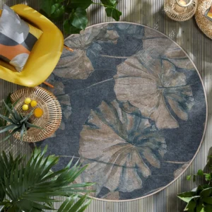 Blue Leafy Floral Round Living Room Rug