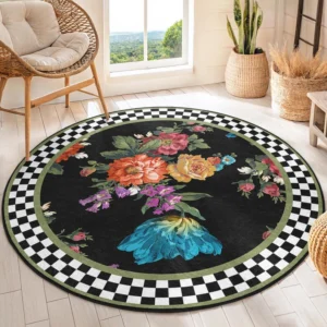 Bold Floral Checkered Round Living Room Rug