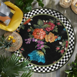 Bold Floral Checkered Round Living Room Rug