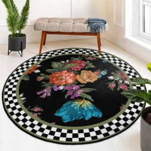 Bold Floral Checkered Round Living Room Rug