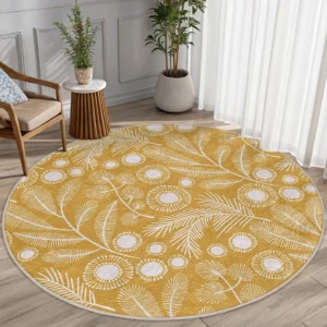 Botanical Floral Yellow Round Living Room Rug