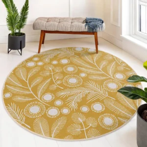 Botanical Floral Yellow Round Living Room Rug