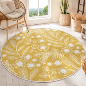 Botanical Floral Yellow Round Living Room Rug