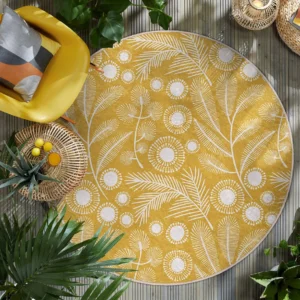 Botanical Floral Yellow Round Living Room Rug