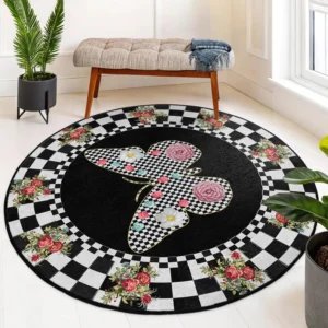 Butterfly Floral Checkered Black Round Living Room Rug