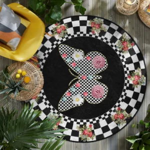 Butterfly Floral Checkered Black Round Living Room Rug