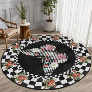 Butterfly Floral Checkered Black Round Living Room Rug