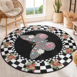 Butterfly Floral Checkered Black Round Living Room Rug