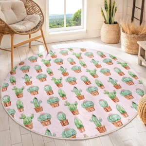 Cactus Potted Pink Round Living Room Rug