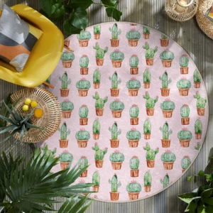 Cactus Potted Pink Round Living Room Rug