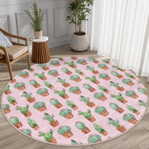 Cactus Potted Pink Round Living Room Rug