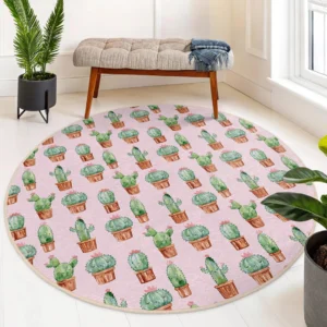 Cactus Potted Pink Round Living Room Rug