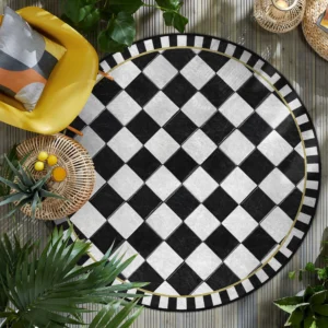 Checkerboard Diamond Black White Round Living Room Rug