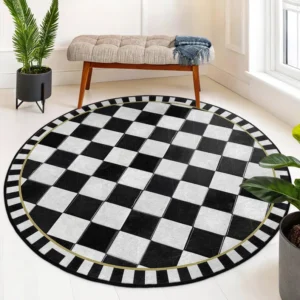 Checkerboard Diamond Black White Round Living Room Rug