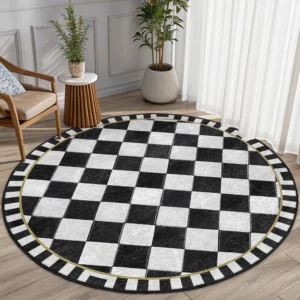 Checkerboard Diamond Black White Round Living Room Rug
