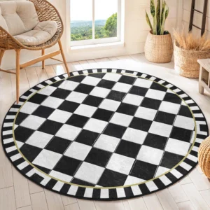 Checkerboard Diamond Black White Round Living Room Rug