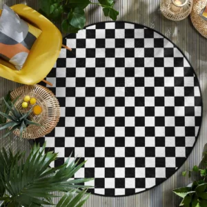 Checkered Black White Round Living Room Rug