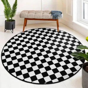 Checkered Black White Round Living Room Rug