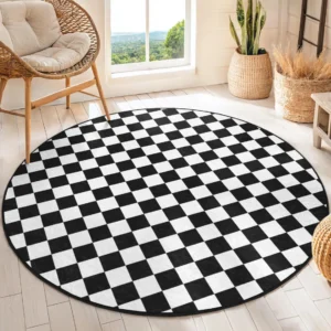 Checkered Black White Round Living Room Rug