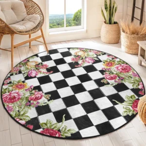 Checkered Floral Design Round Living Room Rug