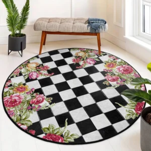 Checkered Floral Design Round Living Room Rug