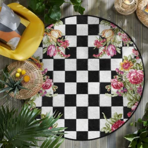 Checkered Floral Design Round Living Room Rug