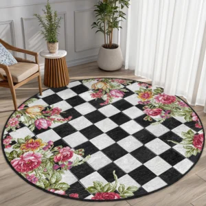 Checkered Floral Design Round Living Room Rug
