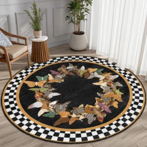Colorful Butterfly Black Round Living Room Rug