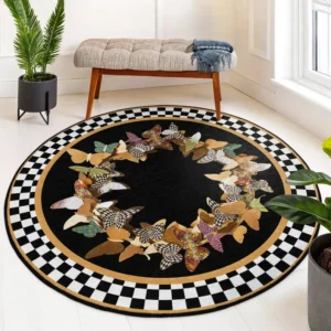 Colorful Butterfly Black Round Living Room Rug