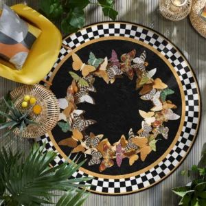 Colorful Butterfly Black Round Living Room Rug