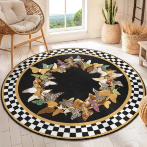 Colorful Butterfly Black Round Living Room Rug