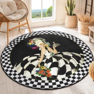 Elegant Checkered Lady Round Living Room Rug