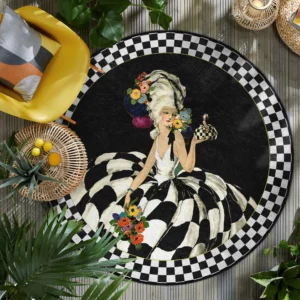Elegant Checkered Lady Round Living Room Rug