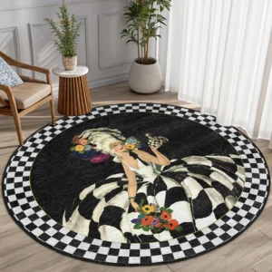 Elegant Checkered Lady Round Living Room Rug