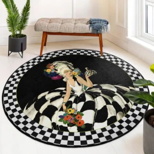 Elegant Checkered Lady Round Living Room Rug