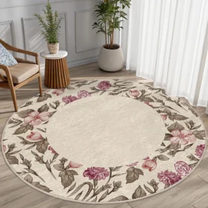 Elegant Floral Border Round Living Room Rug