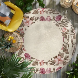 Elegant Floral Border Round Living Room Rug