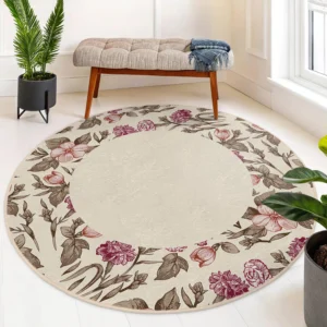 Elegant Floral Border Round Living Room Rug