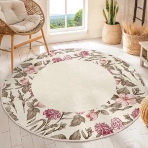 Elegant Floral Border Round Living Room Rug