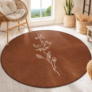 Floral Brown Minimalist Round Living Room Rug