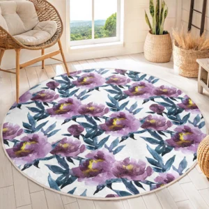 Floral Watercolor Lilac Round Living Room Rug