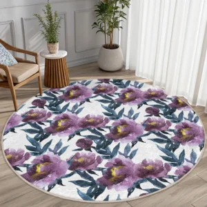 Floral Watercolor Lilac Round Living Room Rug