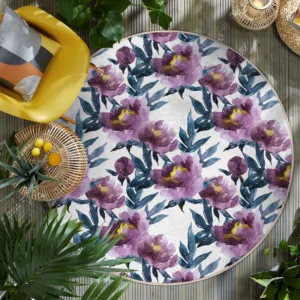 Floral Watercolor Lilac Round Living Room Rug